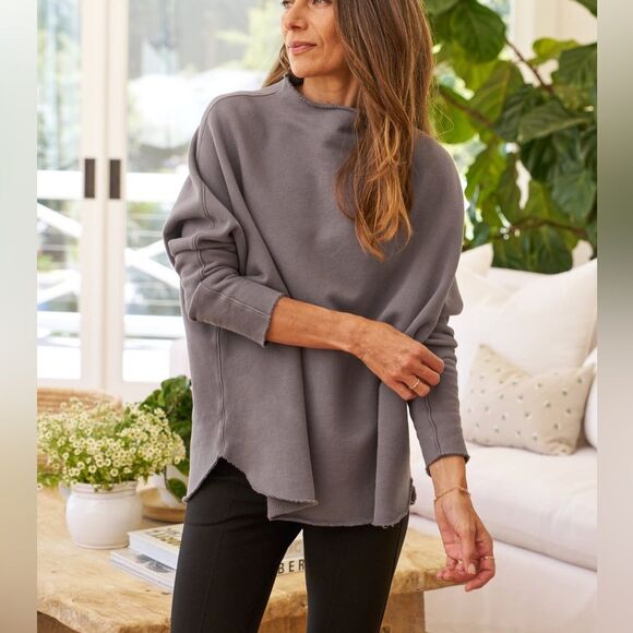 Frank & Eileen Tops - Frank & Eileen Effie Long Sleeve Funnel Neck Capelet in Elephant Grey, Size XS